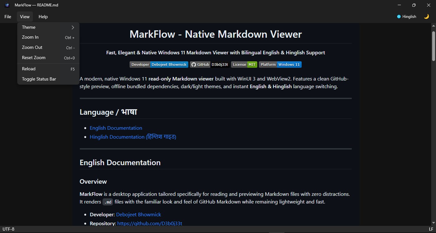 #2. MarkFlow - Native Markdown Viewer (Windows) Af: Debojeet Bhowmick