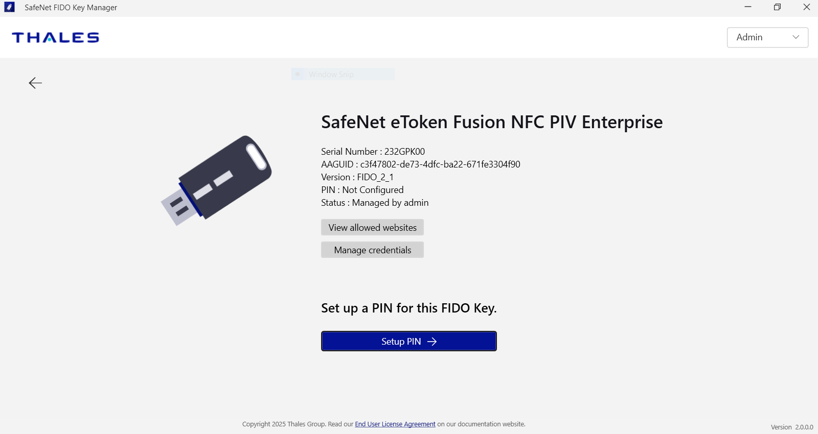 SafeNet FIDO Key Manager screenshot