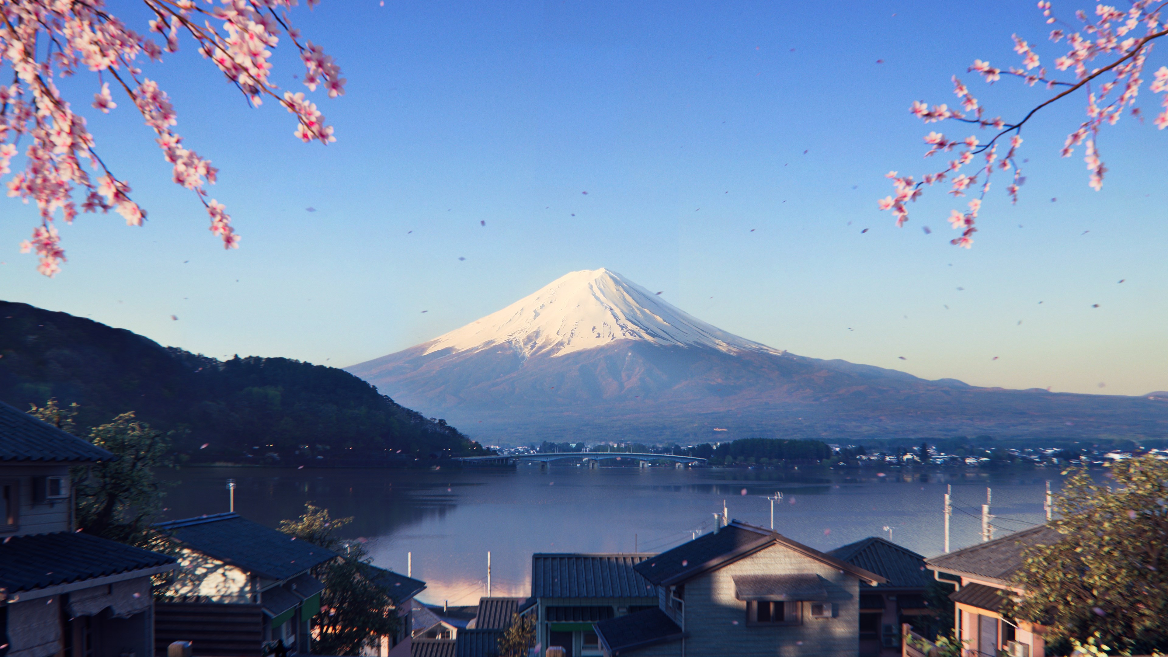 Forza Horizon 6 - Grande montanha (Monte Fuji) acima de um corpo d'água no Japão.
