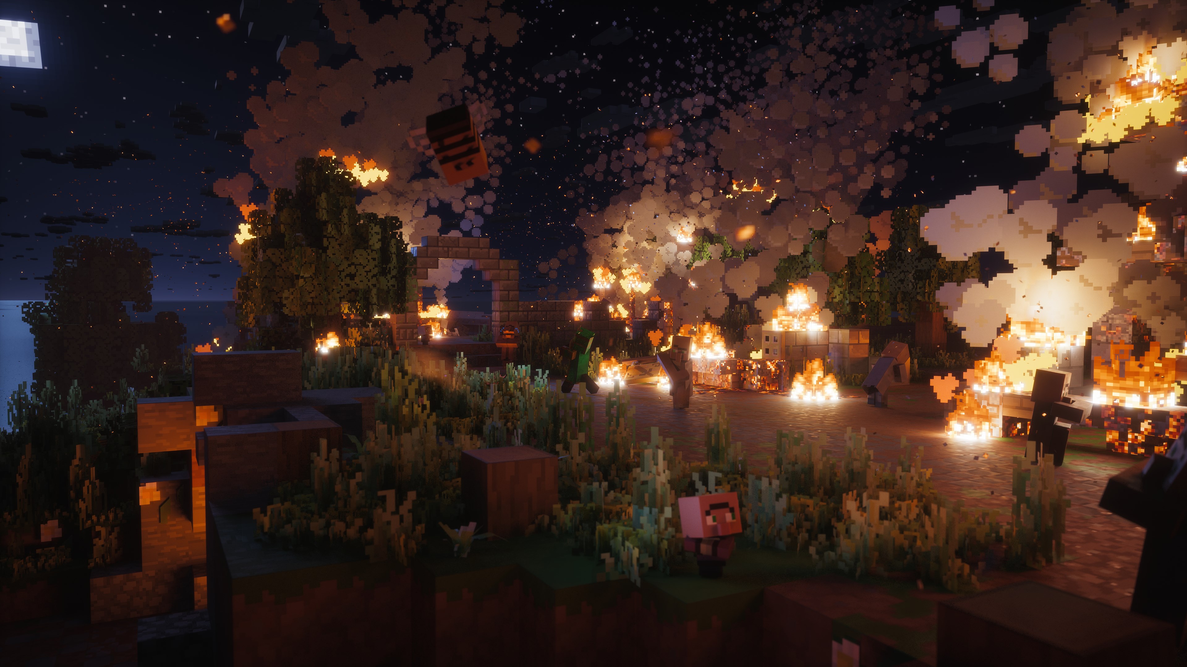 Minecraft Dungeons II - Uma aldeia em ruínas de Minecraft Dungeons sob um céu noturno estrelado, com fogueiras queimando entre as estruturas e iluminando a área circundante.