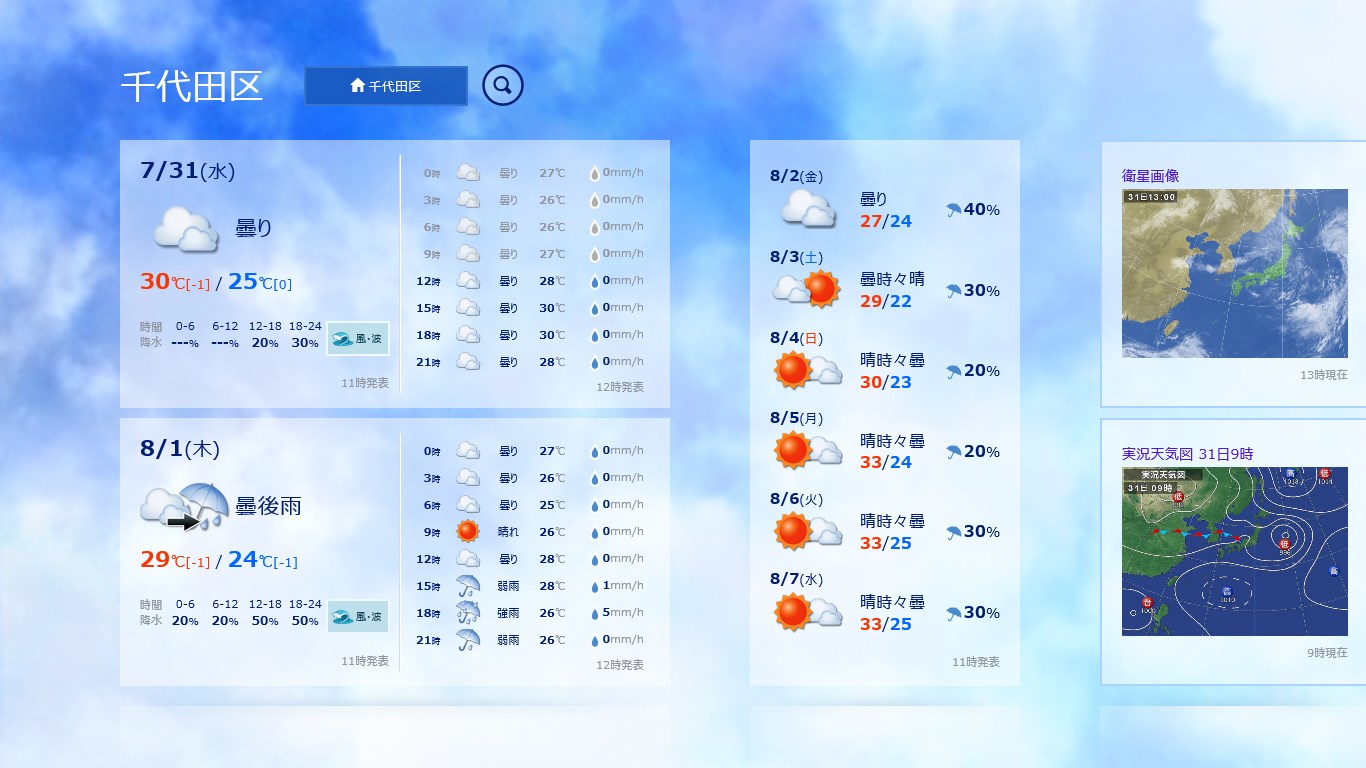今日と明日、一週間の天気予報がすぐにチェックできます。地点の追加は画面上部の虫眼鏡ボタンから。