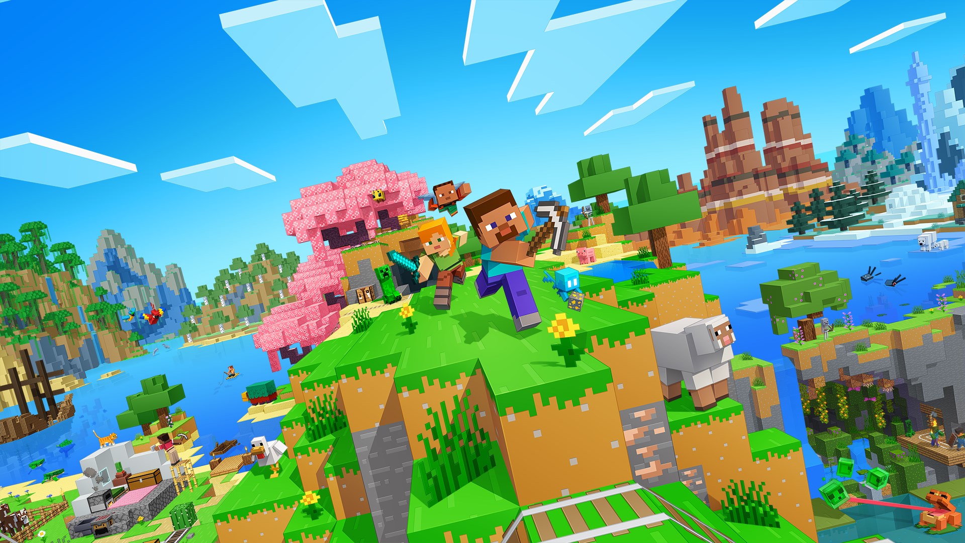広大なマインクラフトの世界を駆け回るスティーブとアレックス、周りには動物や村人