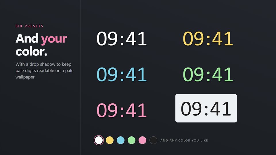 Desk Clock in several colors, with a drop shadow on a pale wallpaper