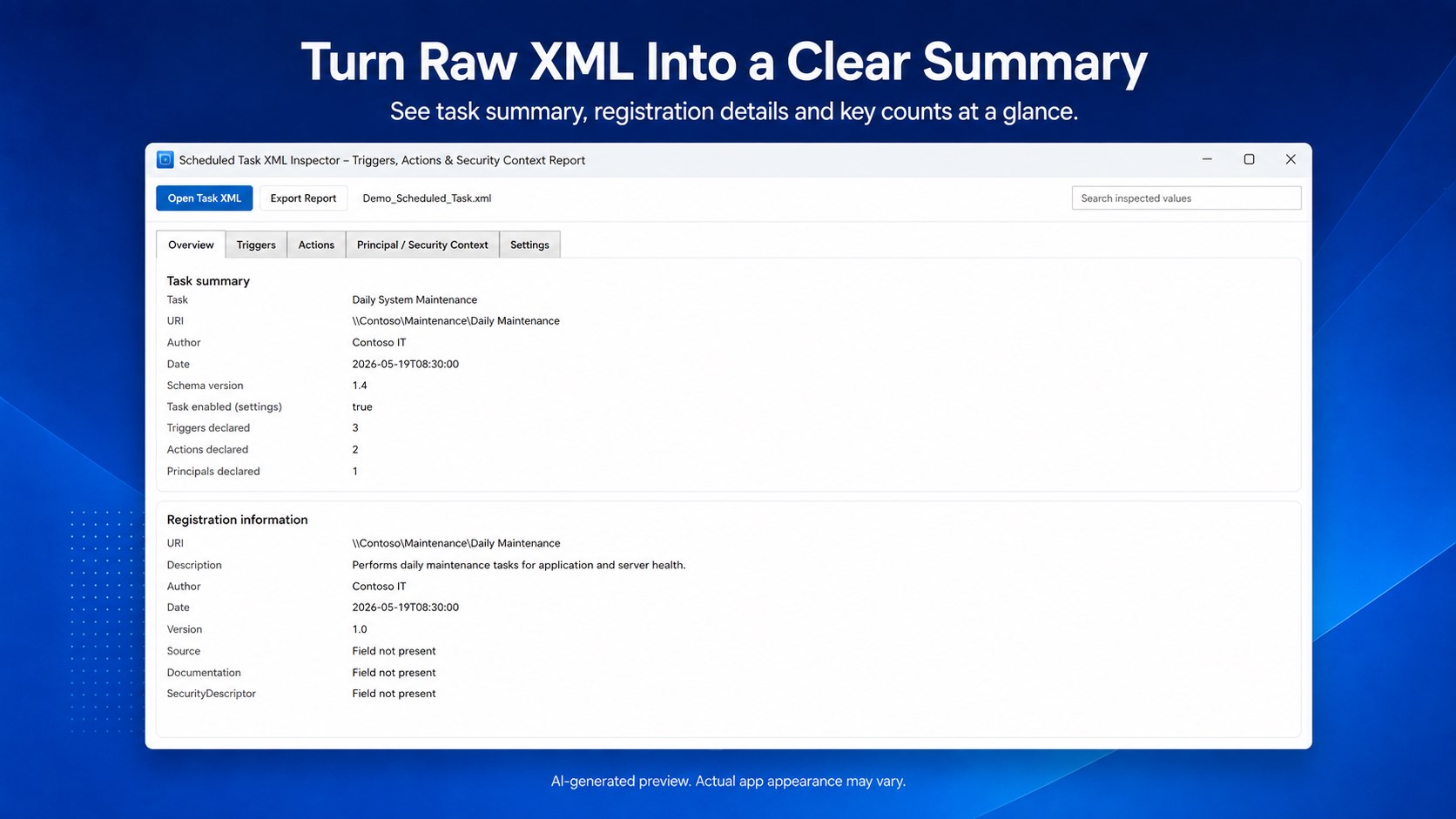 Scheduled Task XML Inspector – Triggers, Actions & Security Context Report screenshot