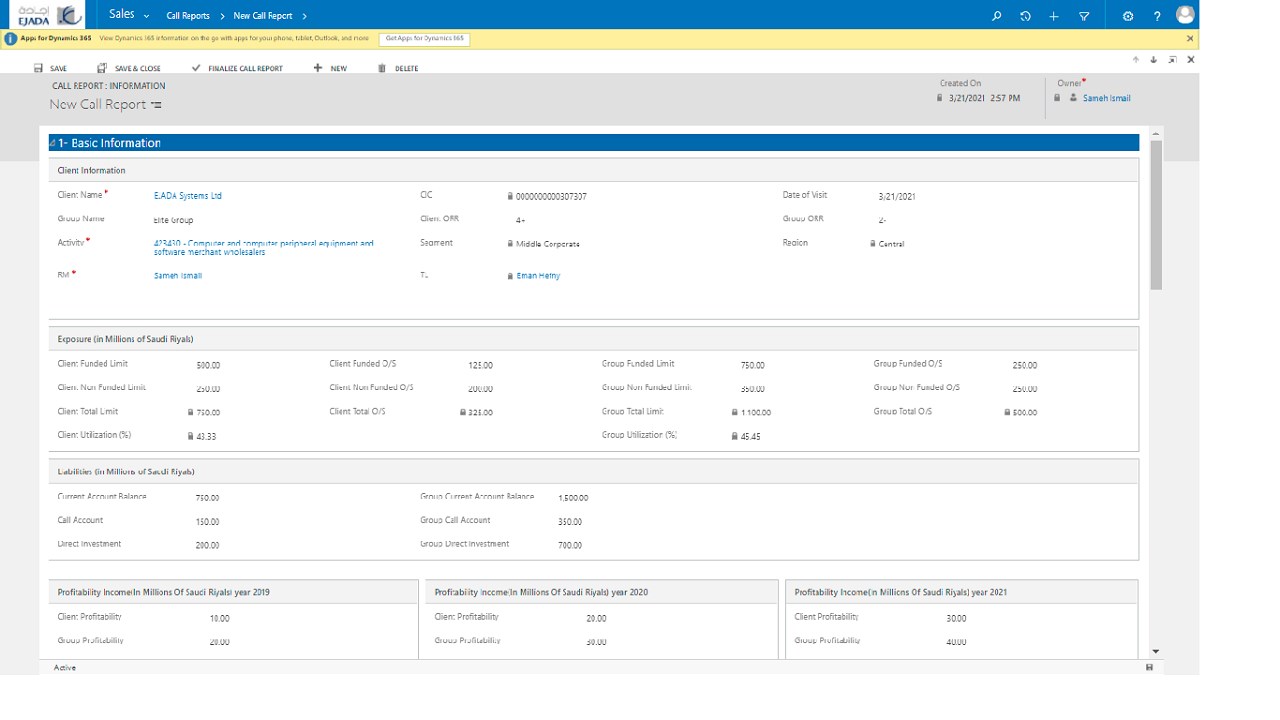Snapshot 3 of EJADA Corporate Banking Relationship Officer Kit
