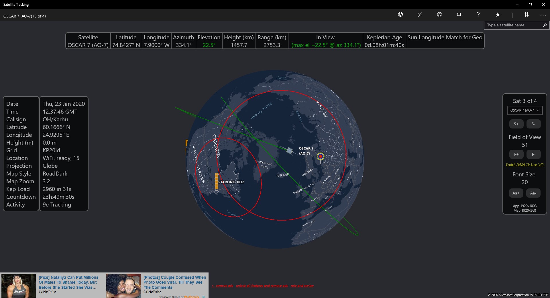 AO-7 Tracking over Europe in Dark Mode