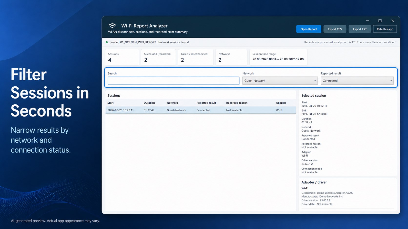 Wi-Fi Report Analyzer – WLAN Disconnects, Sessions & Error Summary screenshot
