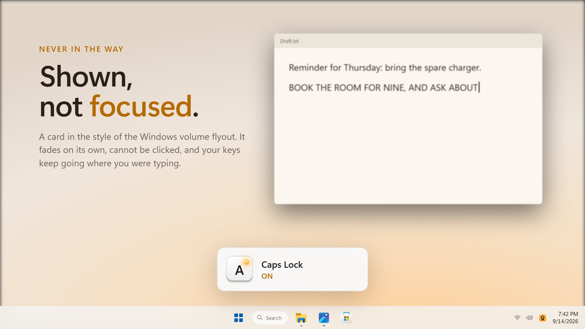 The Caps Lock On card above the taskbar while text is being typed in capitals into a notepad