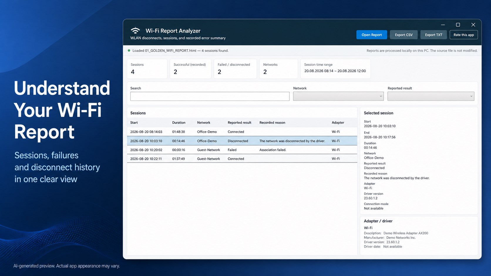 Wi-Fi Report Analyzer – WLAN Disconnects, Sessions & Error Summary screenshot