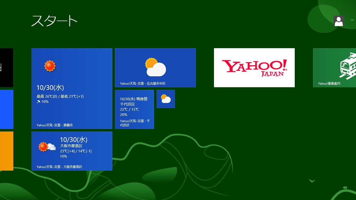 登録した地点の天気予報はスタート画面のタイルに表示することができます。4種類から選べます。