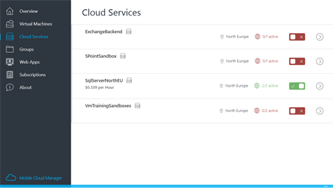 Screenshot: Simple status and cost overview of your cloud services and active instances