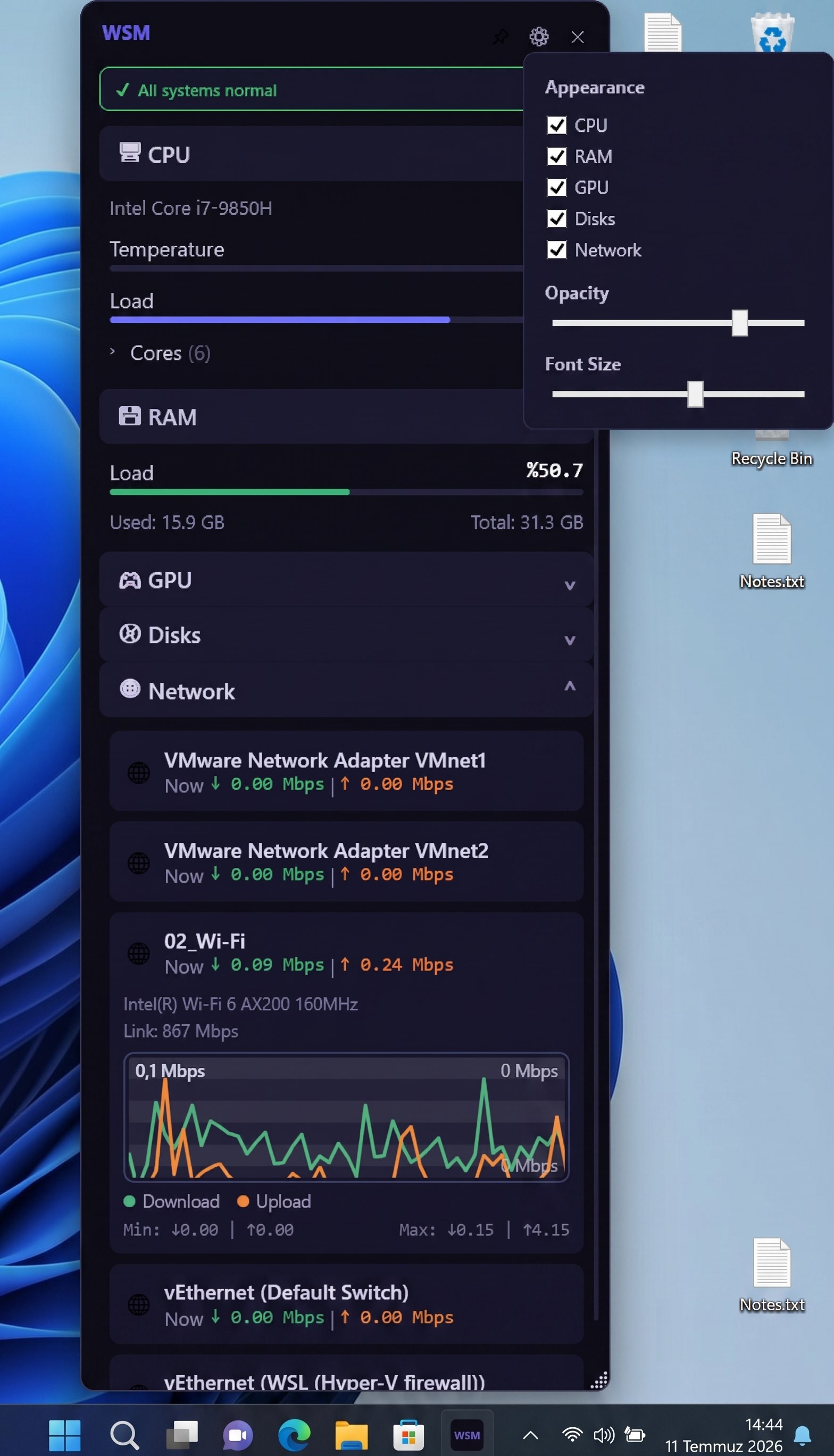 WSM System Monitor screenshot