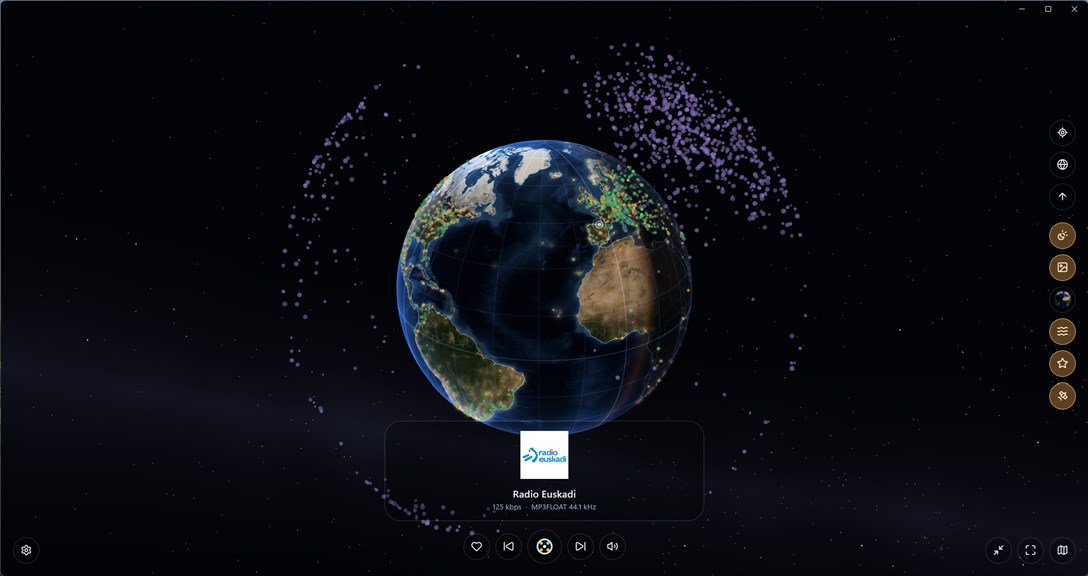 Radio Gaga's 3D globe against a starfield, with station dots and the now-playing station shown below