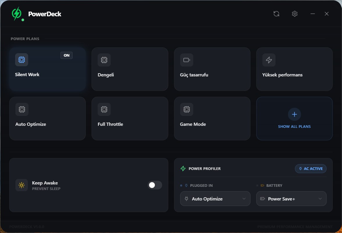 PowerDeck power plan screen