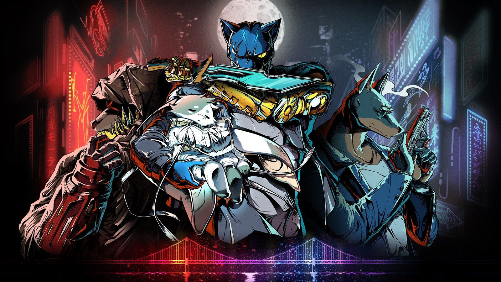 Jin aims a handgun across a neon-lit street in Kusan: City of Wolves artwork