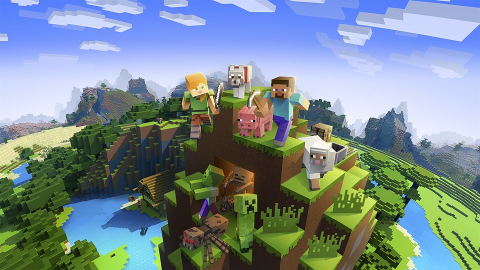 Minecraft characters building together on a grassy hill.