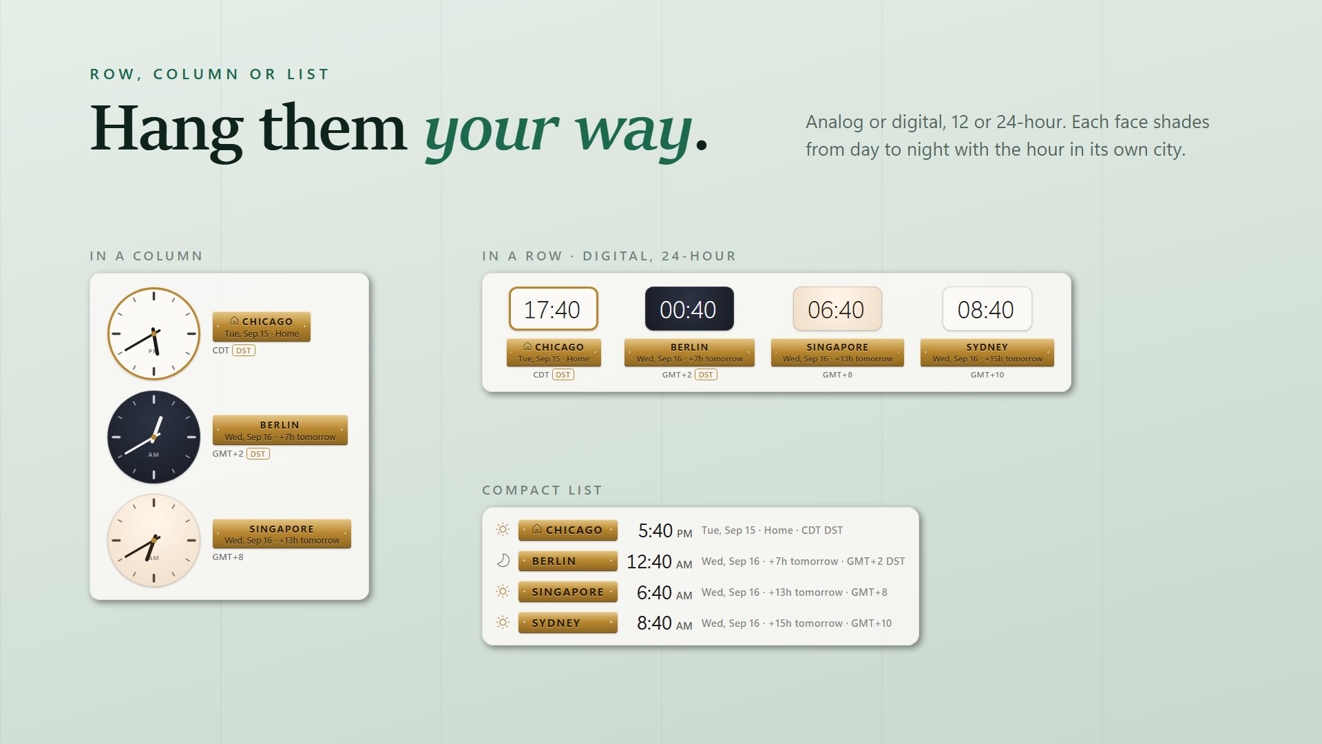 The same clocks arranged in a column, as a row of digital 24-hour clocks and as a compact list