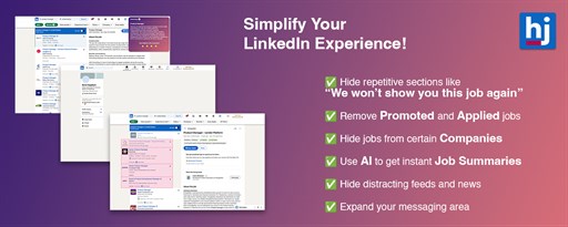 Hide Companies, Promoted, Applied Jobs on LinkedIn + AI Summarizer marquee promo image