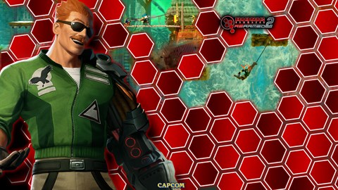 Karakär från spelet Bionic commando med hexagoner i bakgrunden