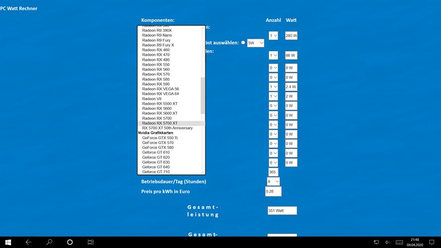 PC Watt Rechner Screenshot