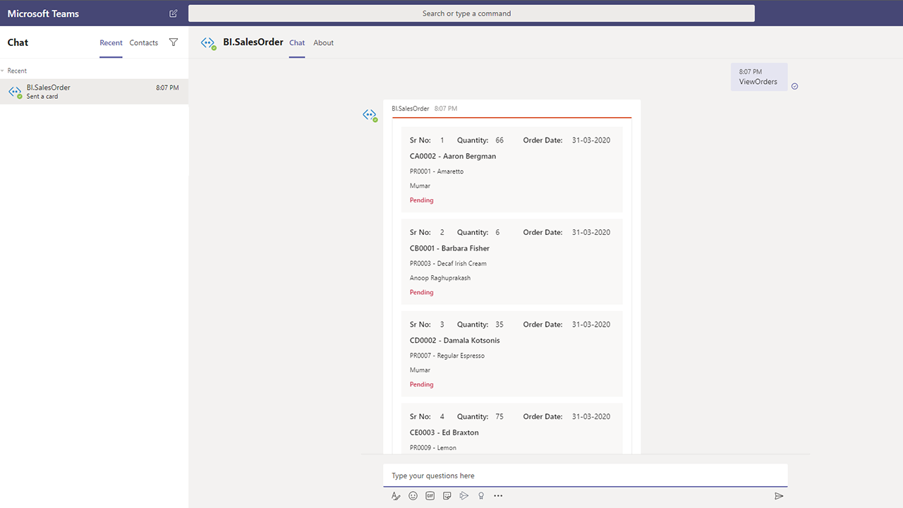Snapshot 3 of Microsoft Teams chat bot App: 1-Wk Implementation