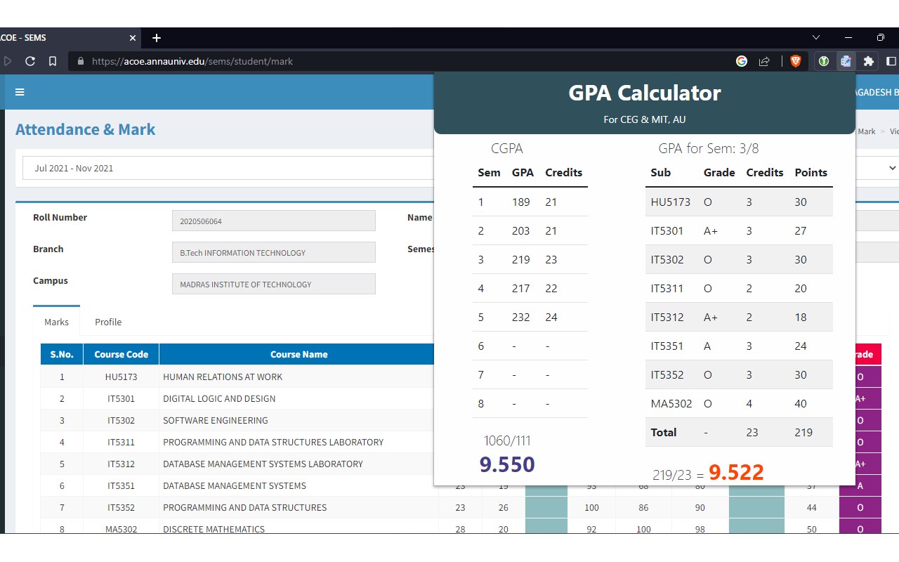 CGPA Calculator - CEG & MIT, AU