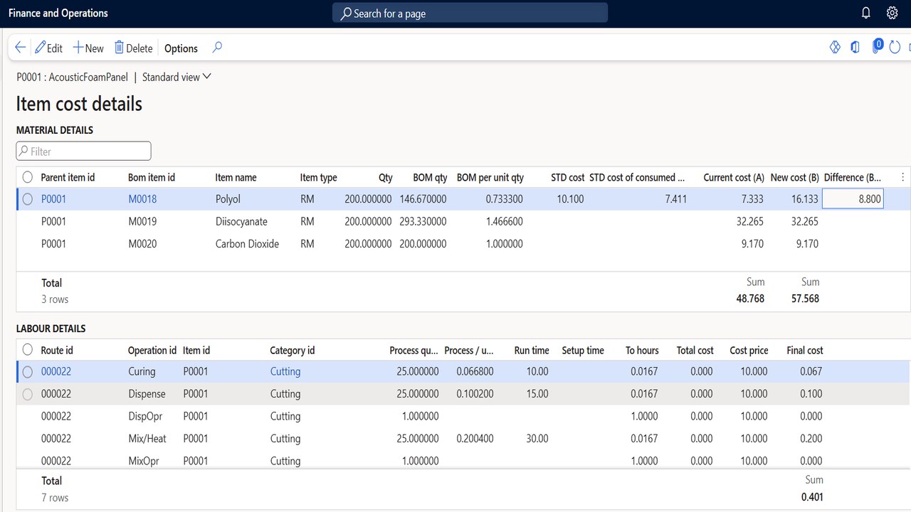 Snapshot 4 of Production Cost Simulator for D365 Finance & Supply Chain
