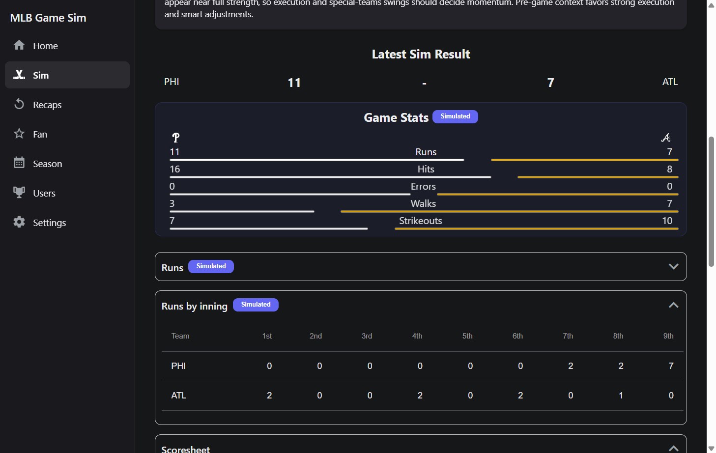 MLB Game Sim screenshot