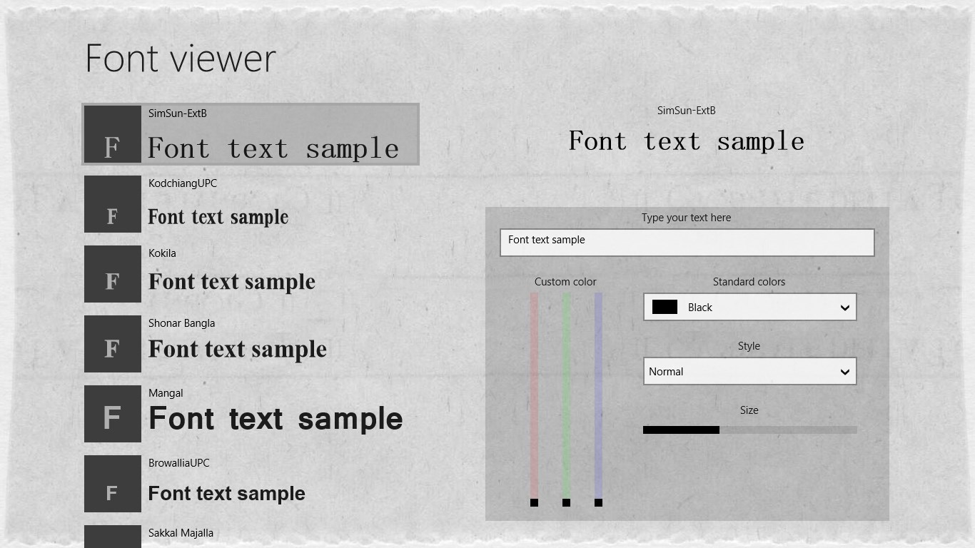 Main forms. Windows font viewer. Opcion font viewer. Simsun Windows font. Point Sample font.