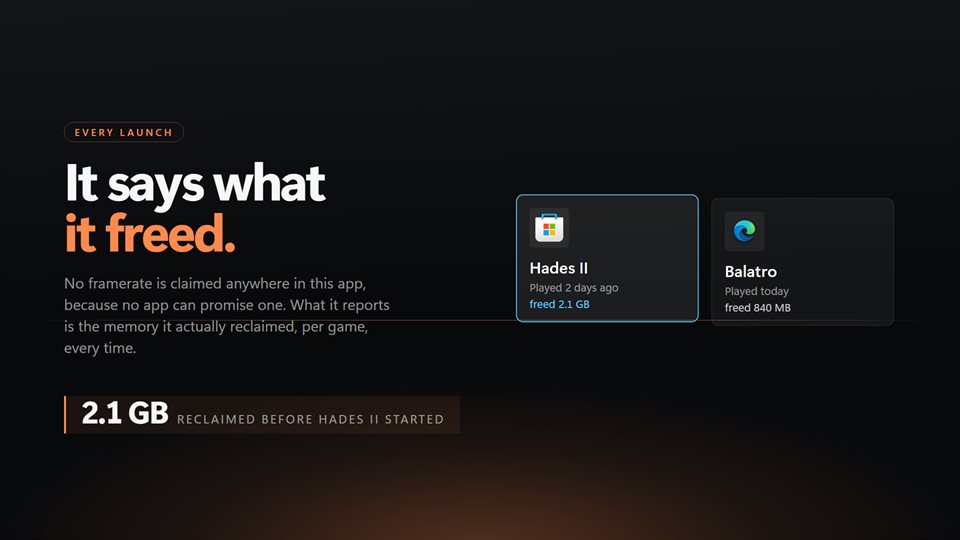 Hades II and Balatro tiles showing 2.1 GB and 840 MB freed before each started