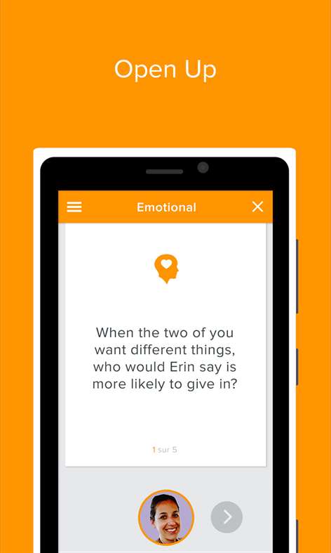 Screenshot: Each day, from 6 different topics, you answer 5 new questions for your partner, then for yourself.