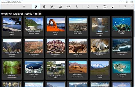Screenshot: First screen: tile photos of all USA National Parks to select from