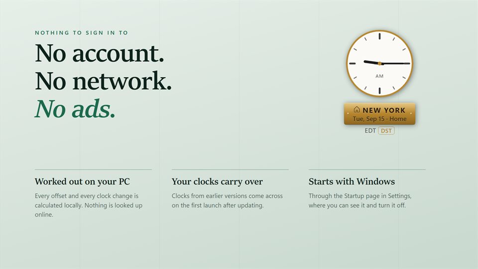 A single New York clock marked Home, with notes that it needs no account and no network
