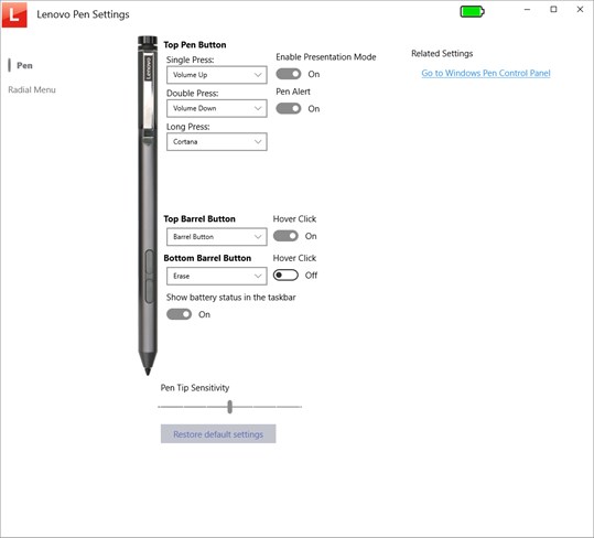 Lenovo Pen Settings screenshot