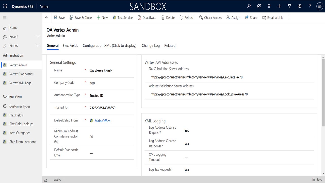 Snapshot 2 of Vertex Indirect Tax for Dynamics 365 Sales