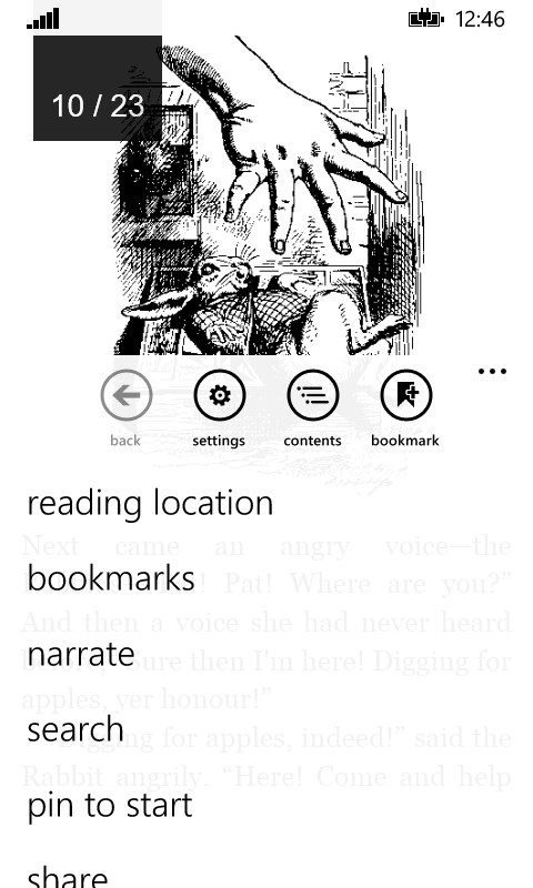 The menu in the reader screen.