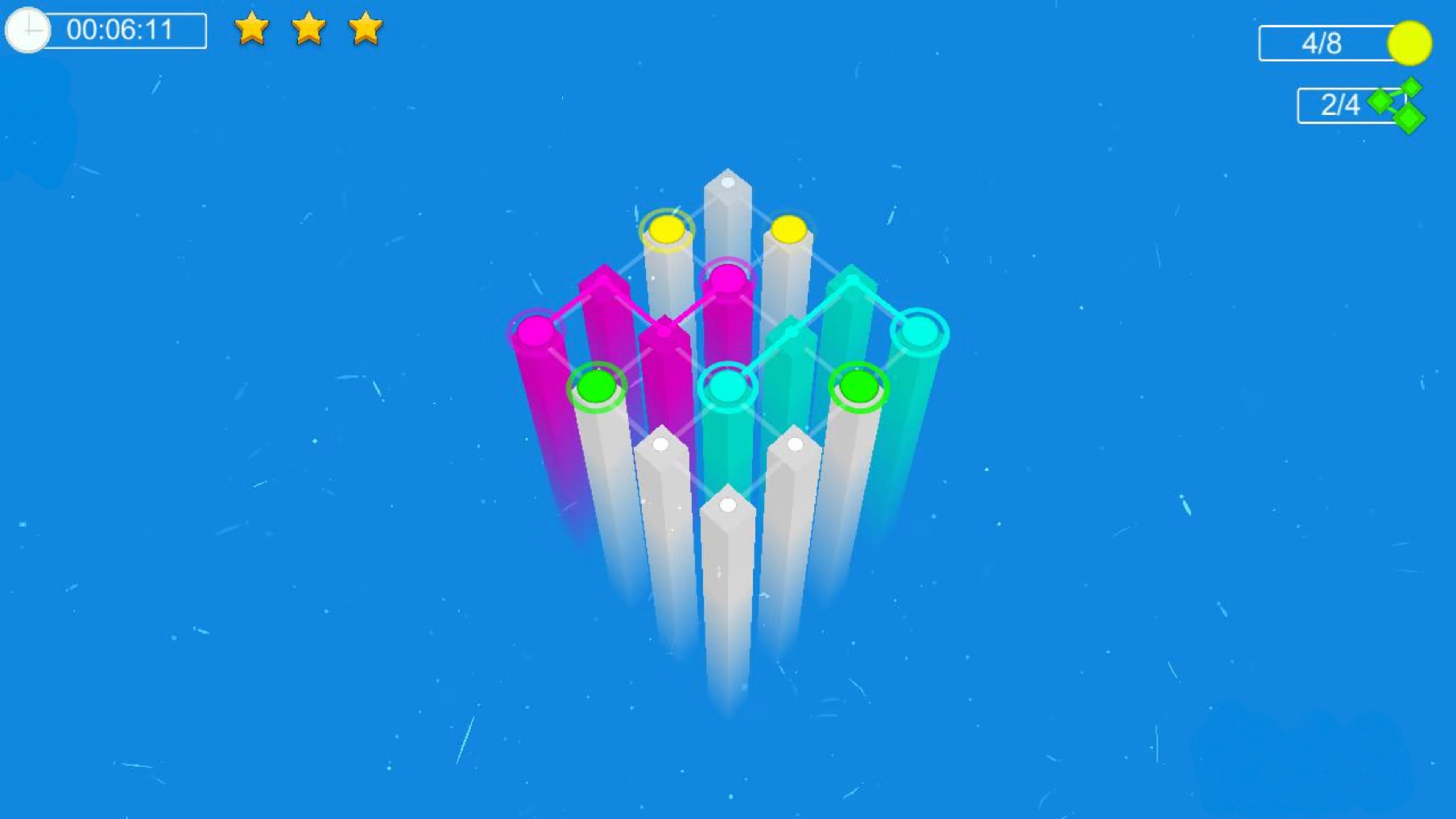 Connect It! 遊戲截圖，展示更為複雜的網格與多種顏色組合