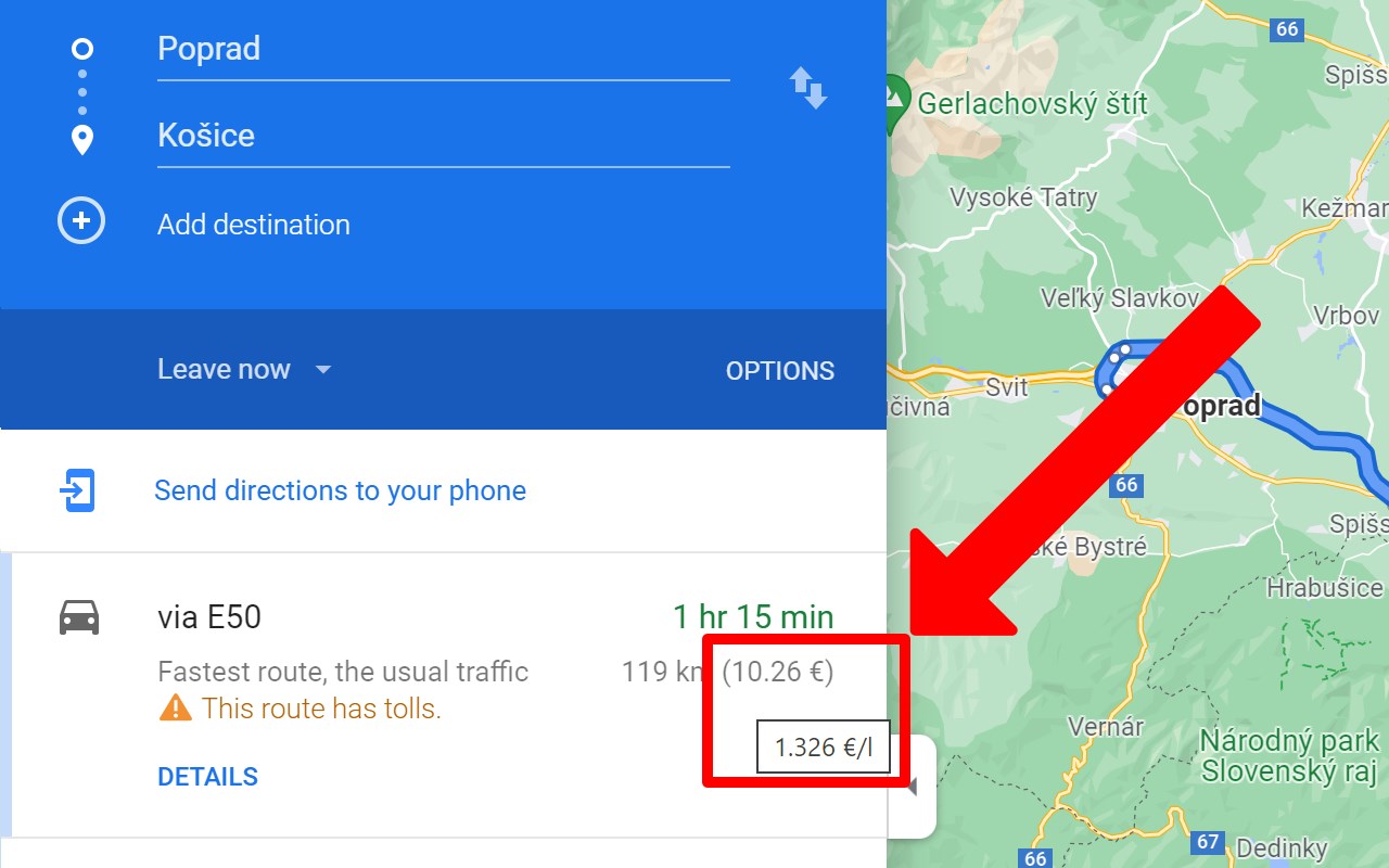 Cost of driving in Google Maps