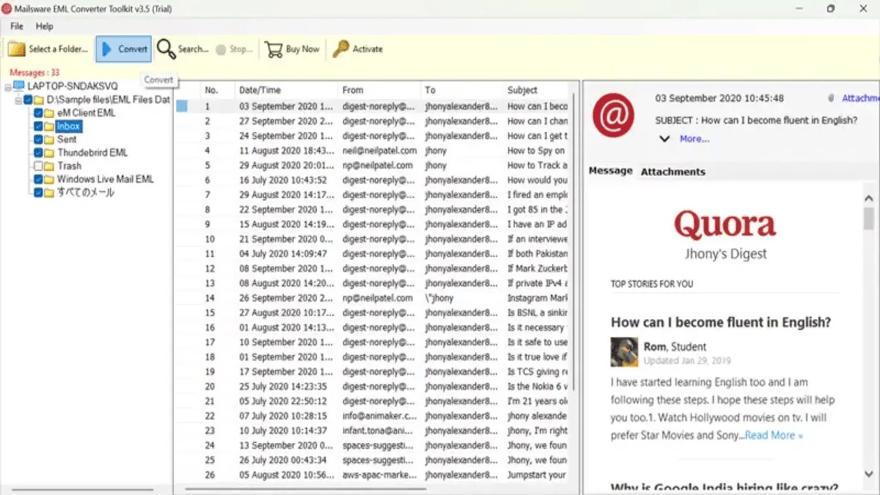 Snapshot 4 of MailsWare EML Viewer Tool