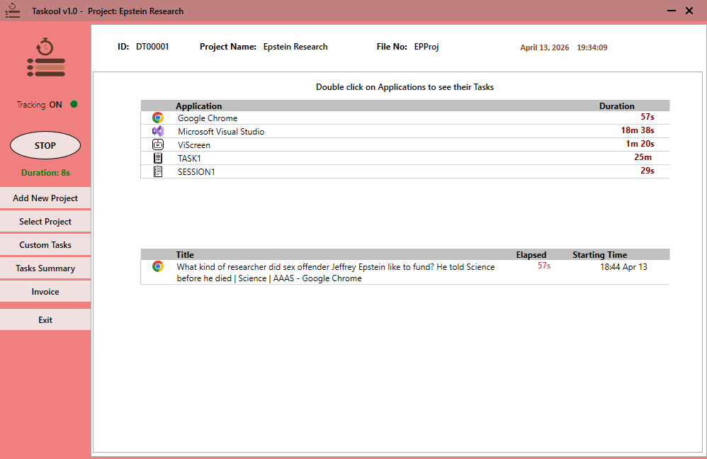 Taskool’s daily activity log on Windows, showing each application and document worked in with start times and duration for the day.