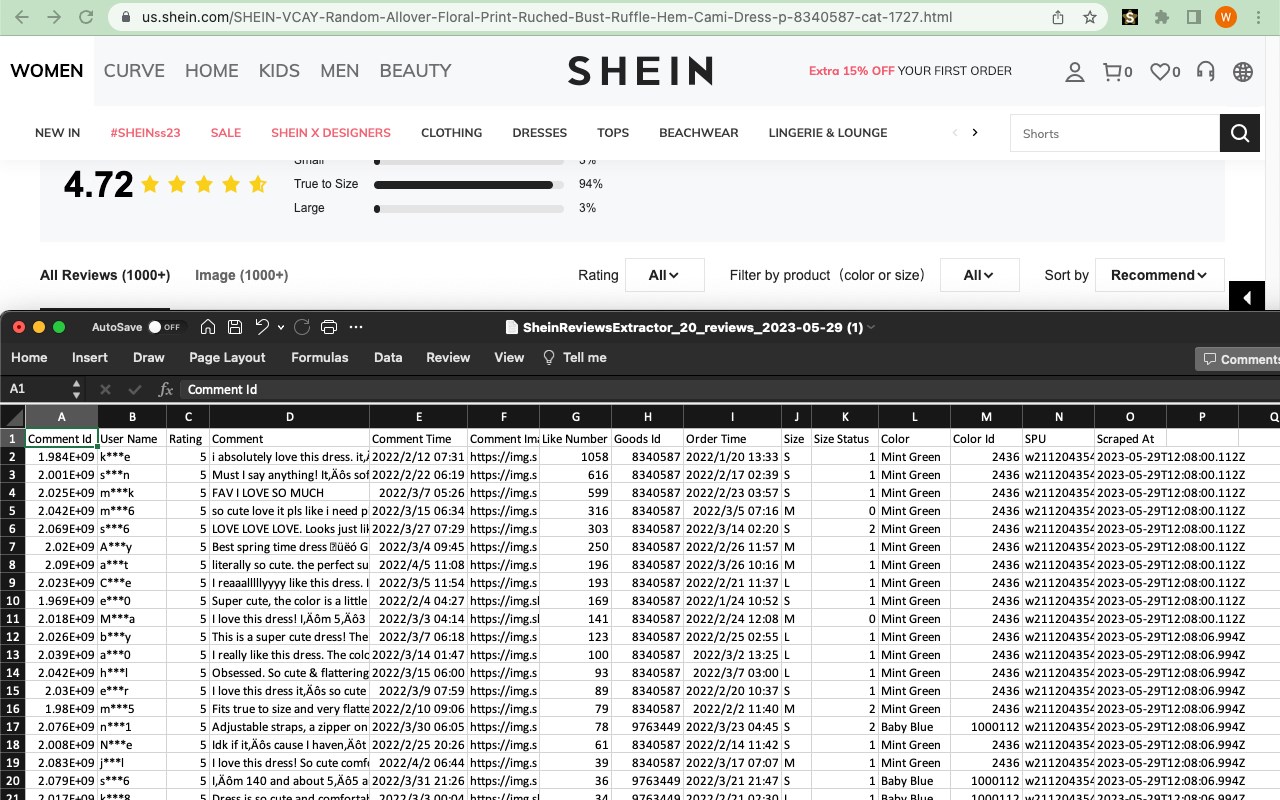 Shein Reviews Extractor - Scrape Data to CSV
