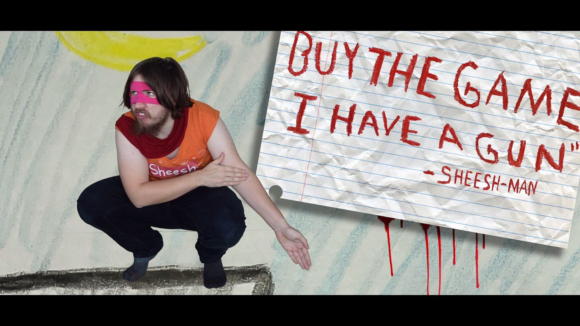 Sheesh-Man sheeshing on top of a building next to the title card.