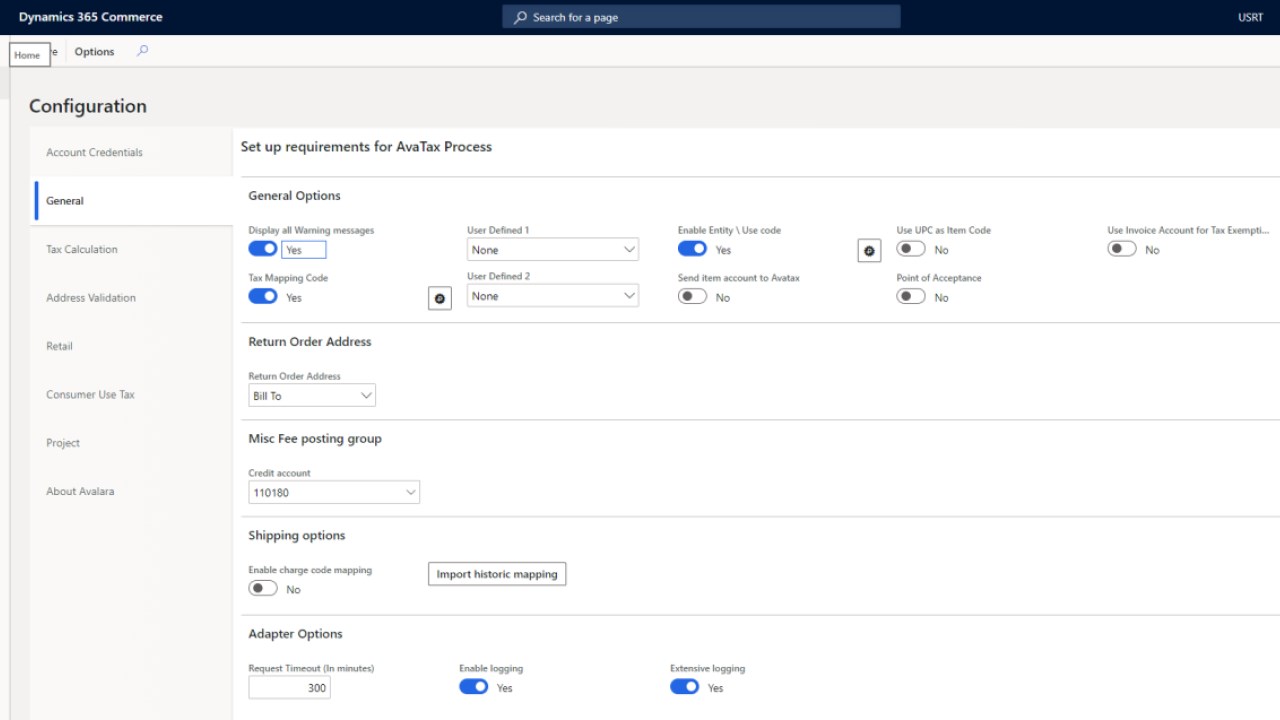 Snapshot 1 of Avalara for Dynamics 365 Commerce
