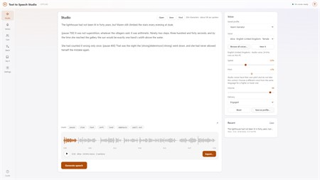 Write, pick a voice, generate - and it never leaves your PC