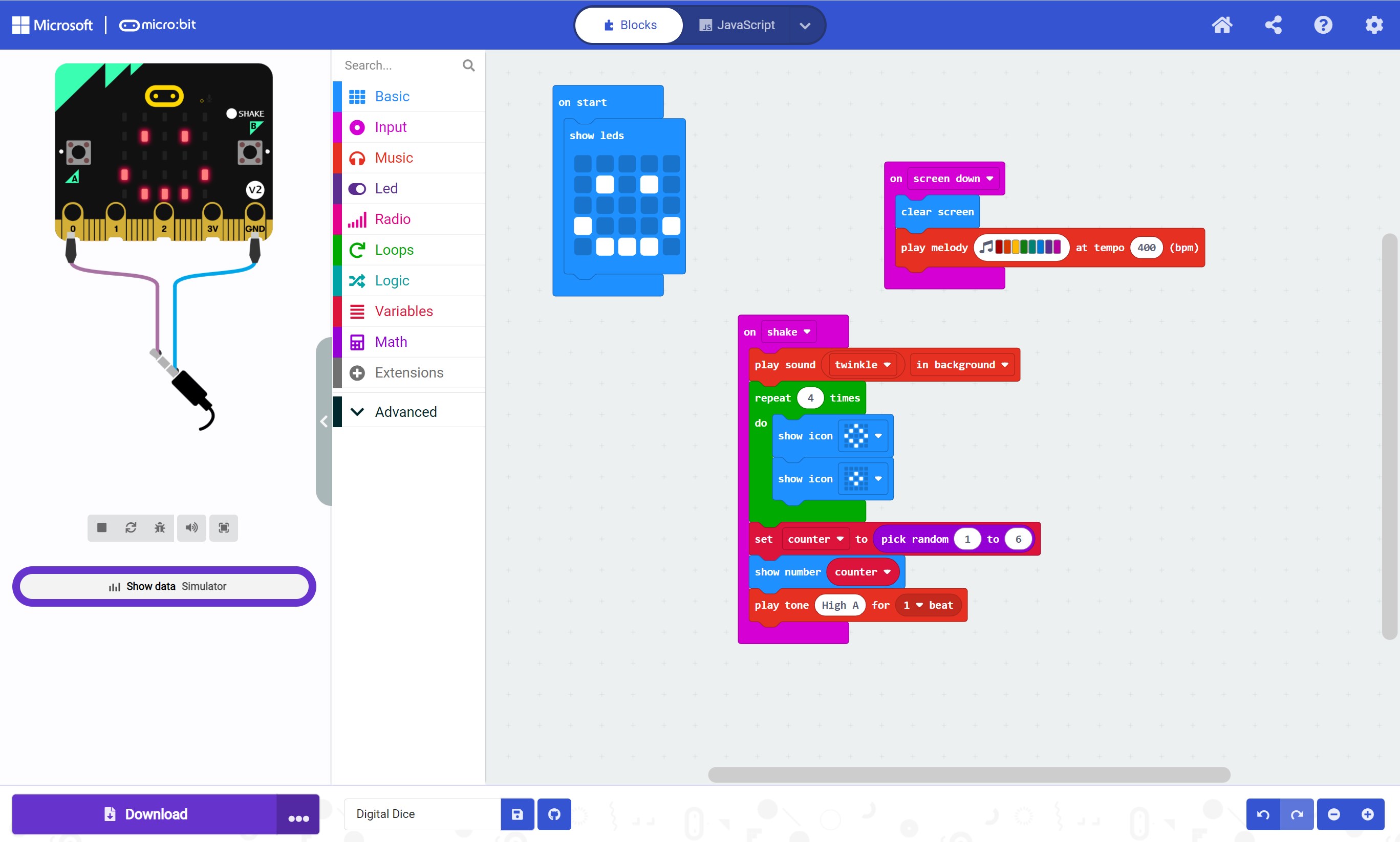 The user interface of the Microsoft MakeCode Micro:bit editor