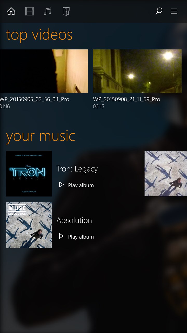 Home page, featuring your music and videos