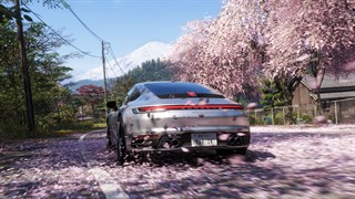 A car racing through cherry blossom petals 