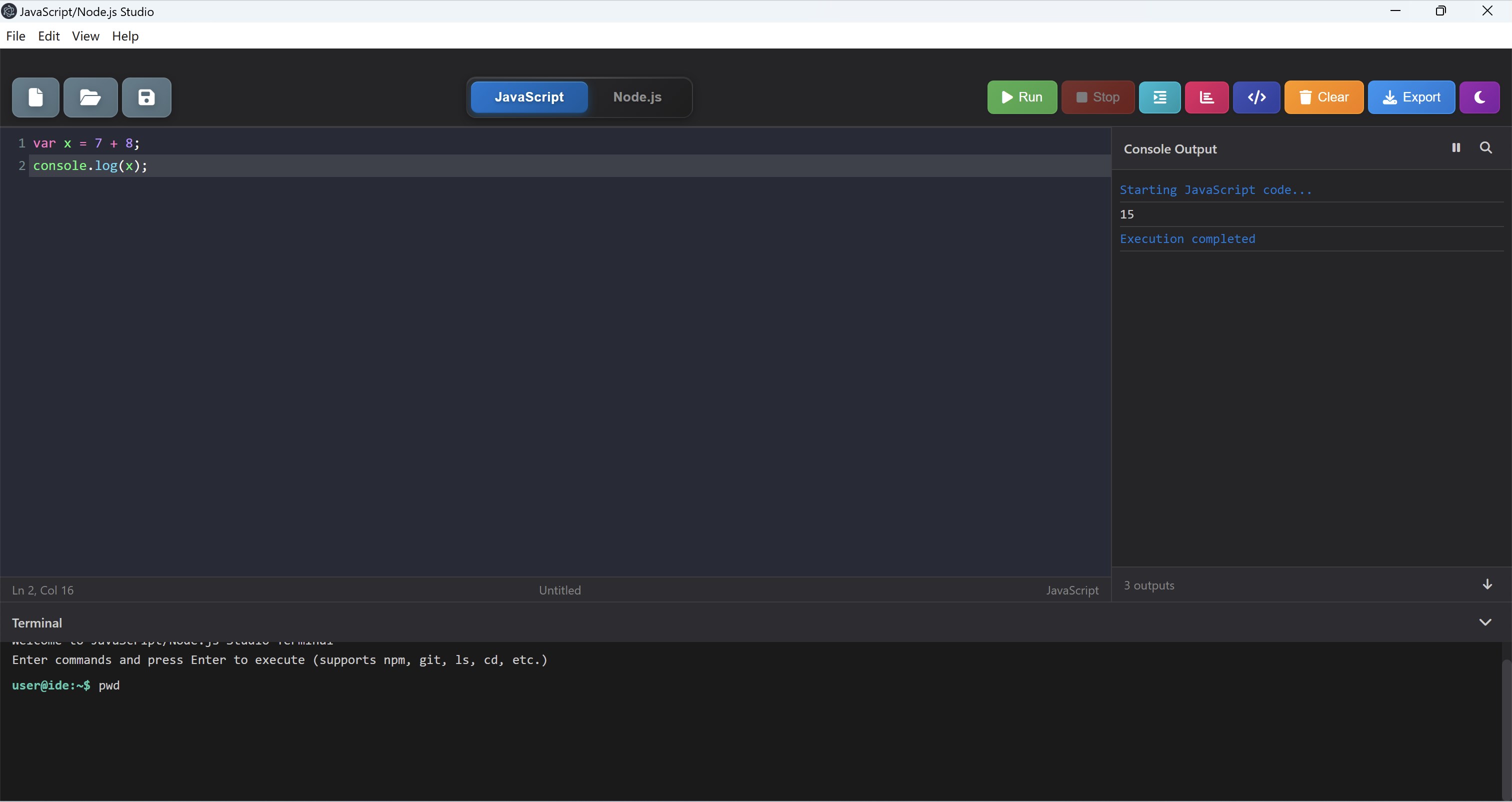 JavaScript/Node.js Studio screenshot