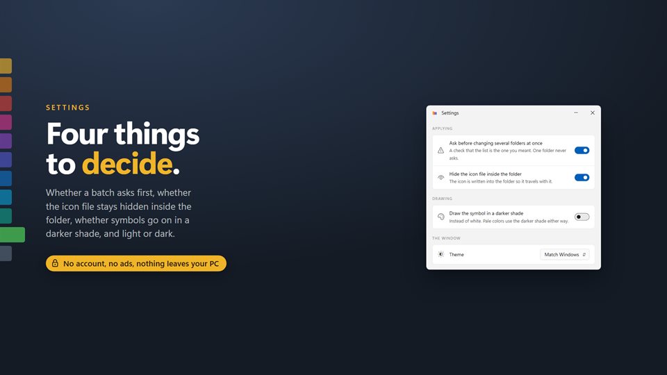 The settings page: ask before a batch, hide the icon file, darker symbols, and theme