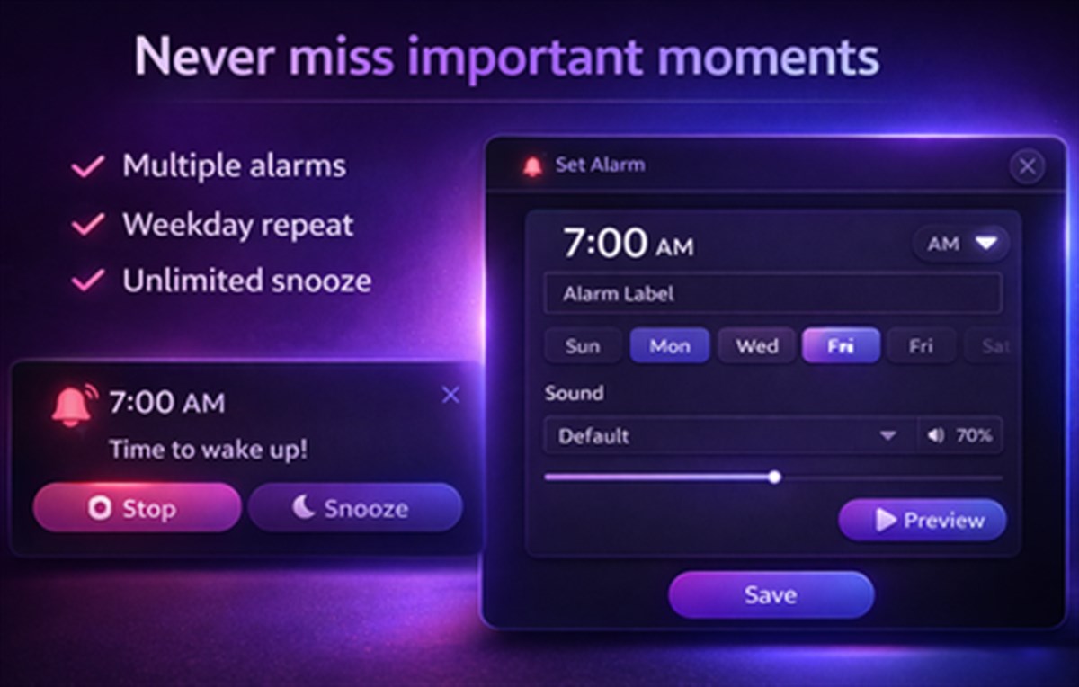 Alarm, Timer & Stopwatch for Browser